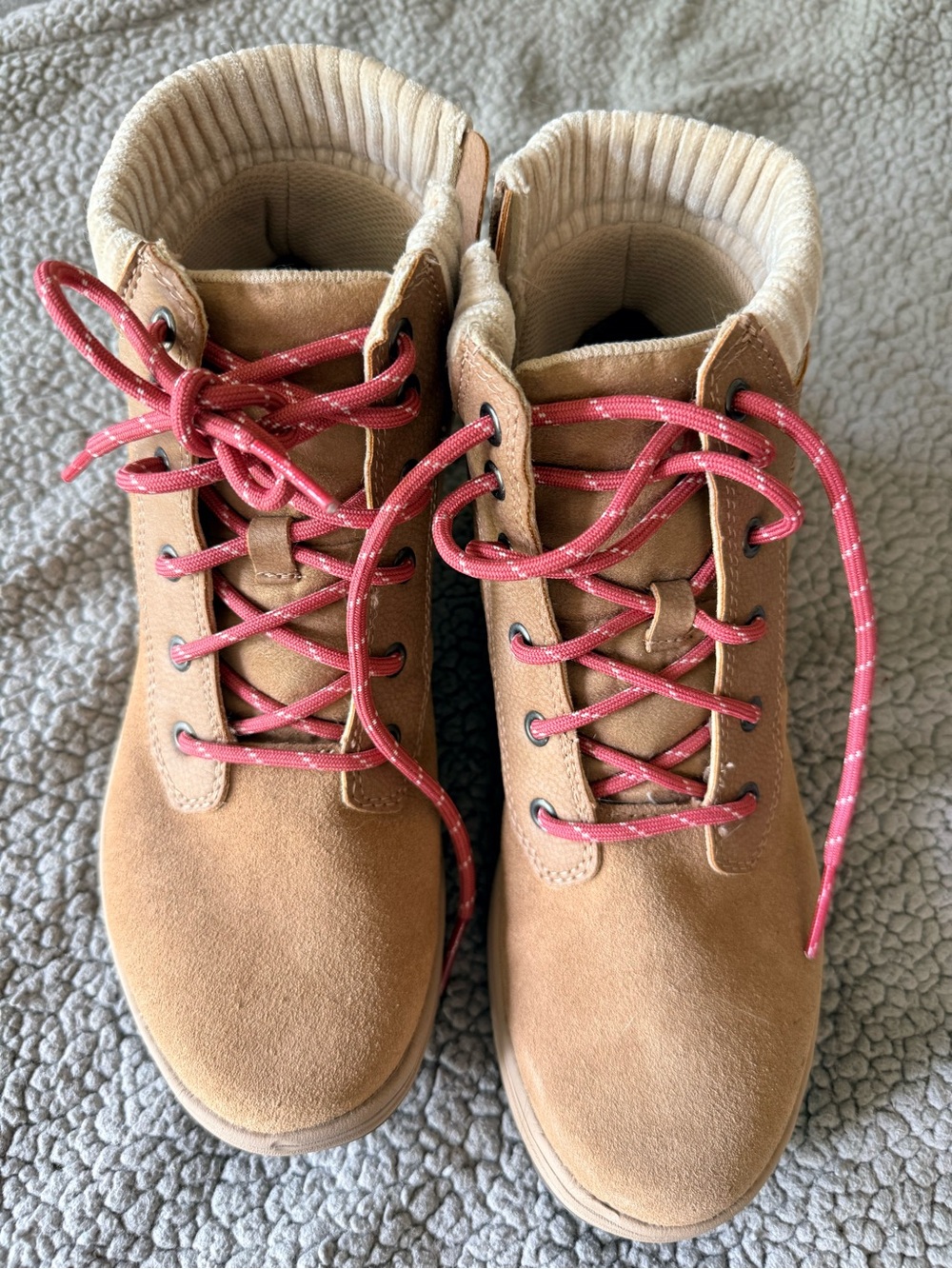 Ryka Tan Suede Lace-Up Boots with Pink Laces